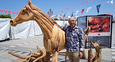Ağaç kökünden yapılan gerçek boyuttaki at, dikkat çekiyor